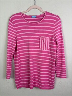 J. McLaughlin Pink White Striped Long Sleeve Pullover Crewneck Sweater sz Medium